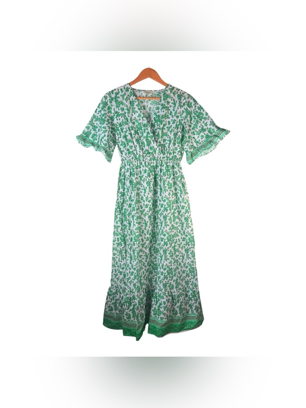 Lapogee Women’s green floral cotton linen maxi dress V Neck Size Small